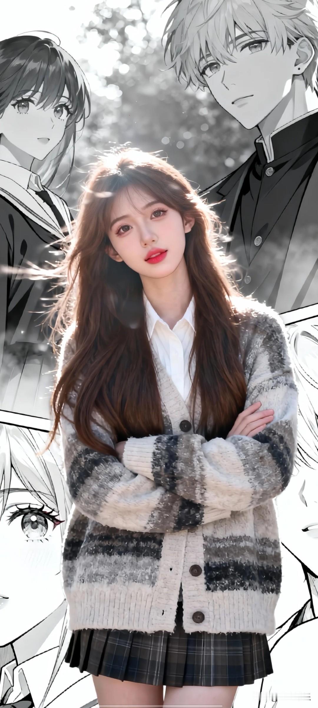 一个穿毛衣的女孩站在漫画背景前。