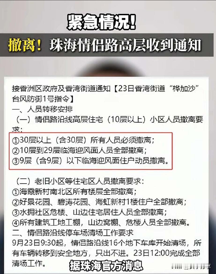 9月23日，受台风-桦加沙影响，广东珠海市情侣路，高层住户紧急撤离。海景房住户，