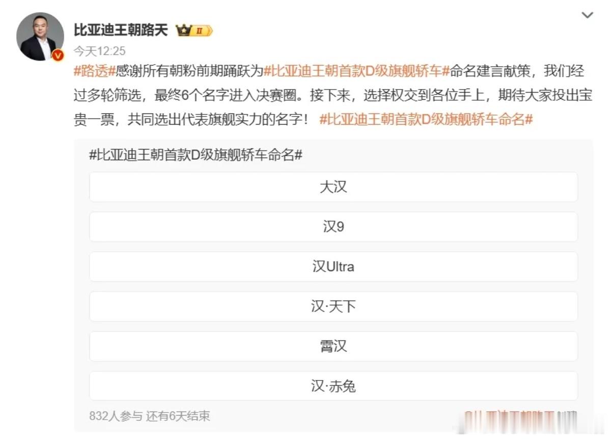 比亚迪全新D级轿车定名或为大汉比亚迪王朝 D级旗舰轿车征名收官，大汉票数遥遥领先
