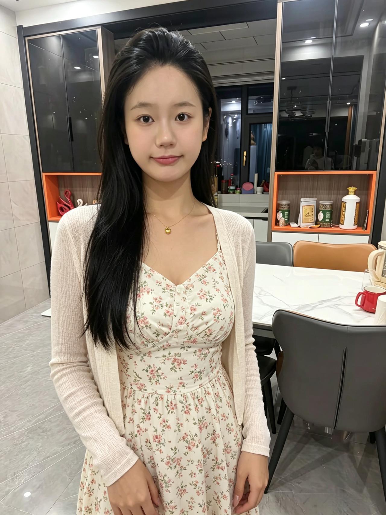 碎花轻裙衬软柔，闲居雅室自风流。
温温婉婉嫣然立，眉眼含春韵自悠。