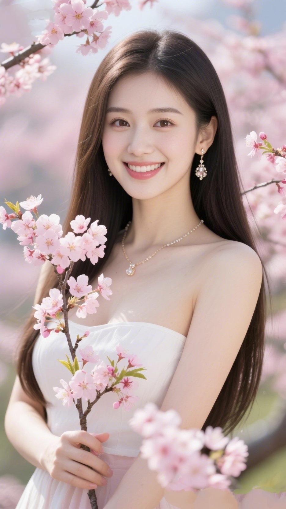 《樱下春颜》
 
风牵樱雪漫晴川，漫过春山到鬓边。
一树轻红凝晓露，半肩柔色映清