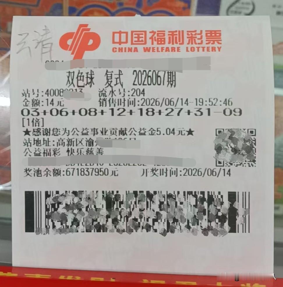 26067期双色球
今日双色球，这期的预测号码是一注7＋2小复式
3、6、8、1