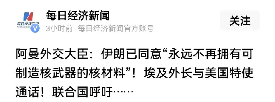 阿曼外交大臣说：伊朗同意“永远不再拥有可制造核武器的核材料”。同时，联合国原子能
