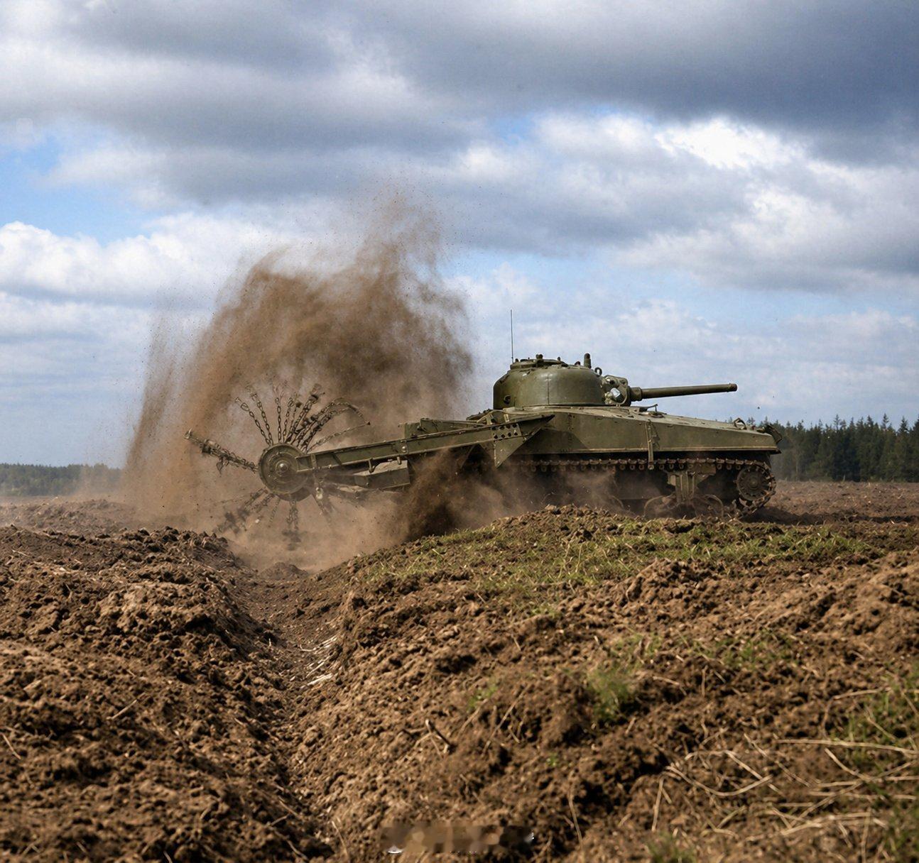 二战 1944年4月27日，英国皇家工程兵第79（实验）装甲师正在测试谢尔曼螃蟹