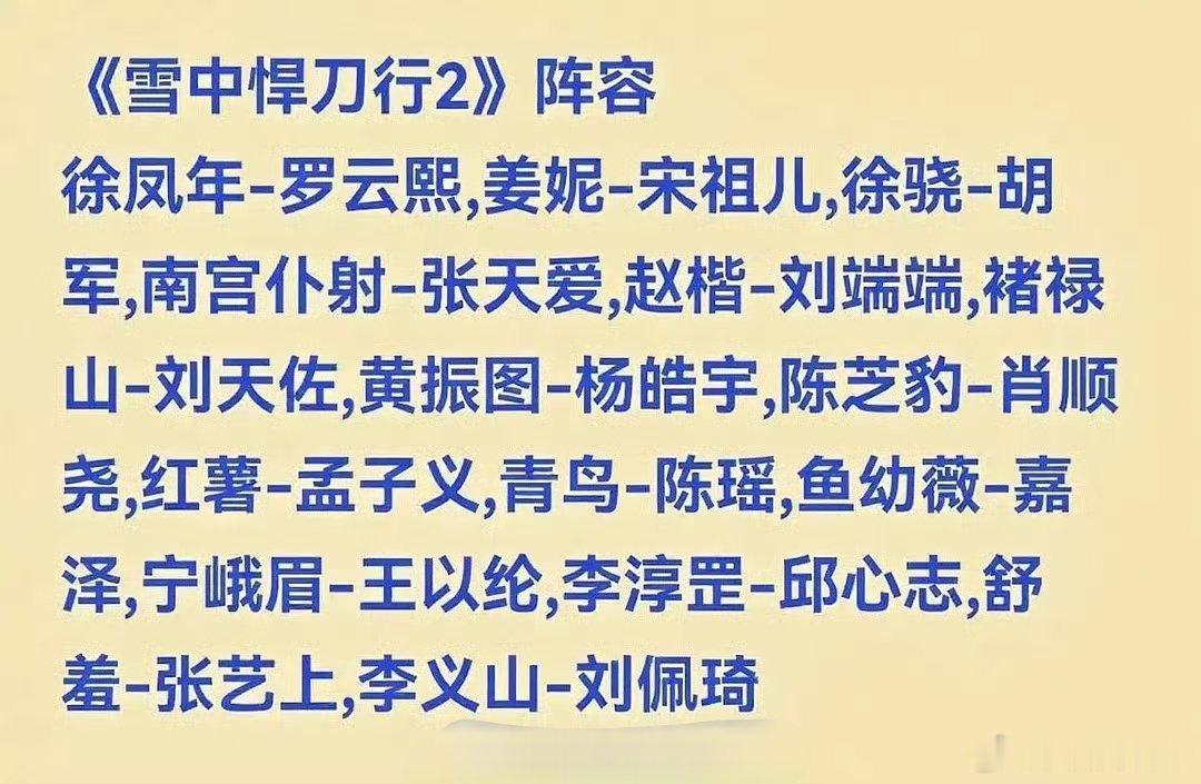 网传雪中悍刀行2阵容 不太可能的假瓜，张若昀的徐凤年不会变更的，至于女主大概率有