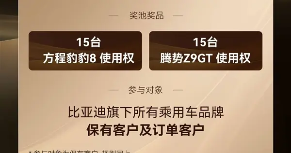 比亚迪成立30周年发福利：抽60台新车使用权、一半是仰望U8！