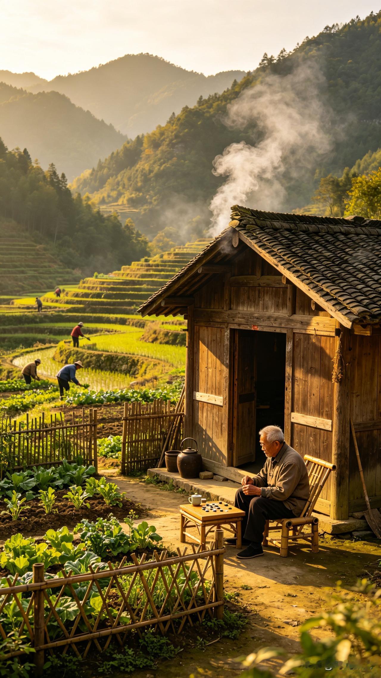 近来总爱对着山光发呆，随手攒些不成文的句子。
 
今早七点半，坐在坡上晒着初升的