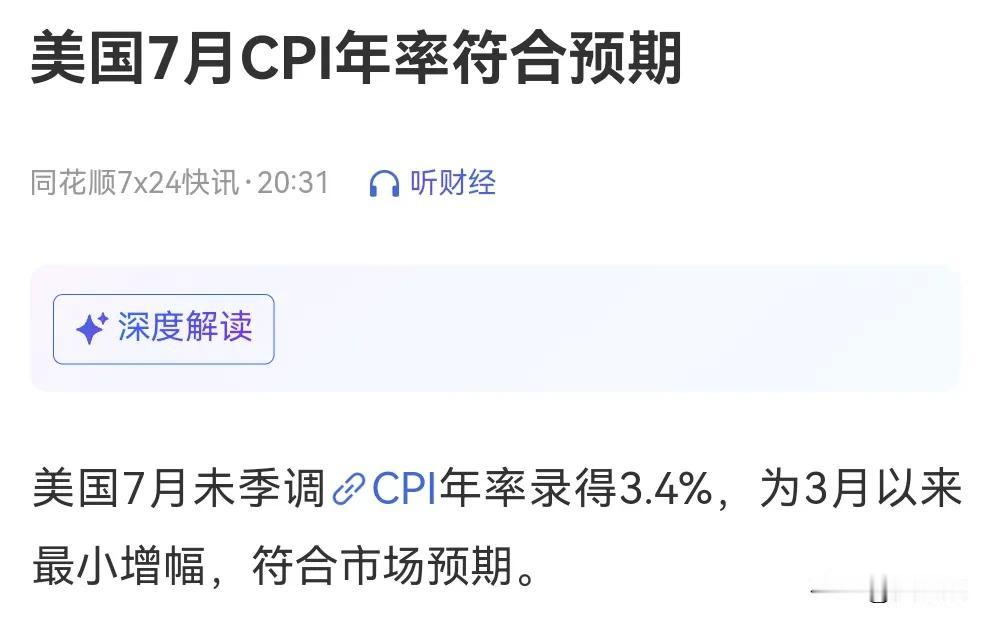 美国7月未季调CPI年率录得3.4%，为3月以来最小增幅，符合市场预期。看今晚美