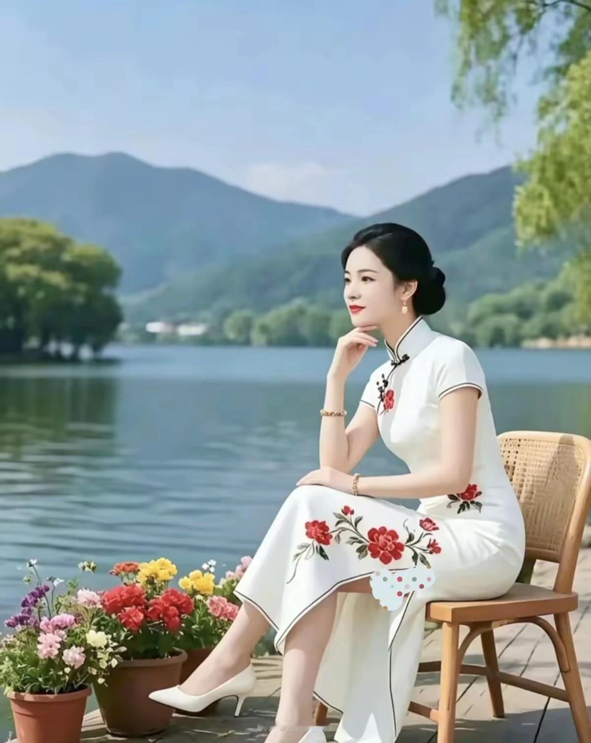 临江闲坐韵优雅，
身旁摆放几盆花。
托腮静观江中景，
思意神超在想他？