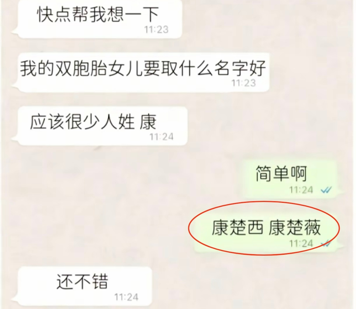 有一种取名法叫英文音译。¹ 一对女孩双胞胎叫“康楚西”“康楚薇”。听起来雅。² 