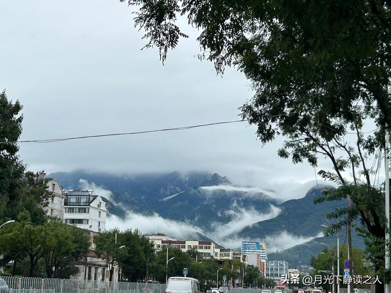 今早出门，

一抬眼就被眼前的景色惊到了。

灰蒙蒙的天底下，远处的山被云雾缠得