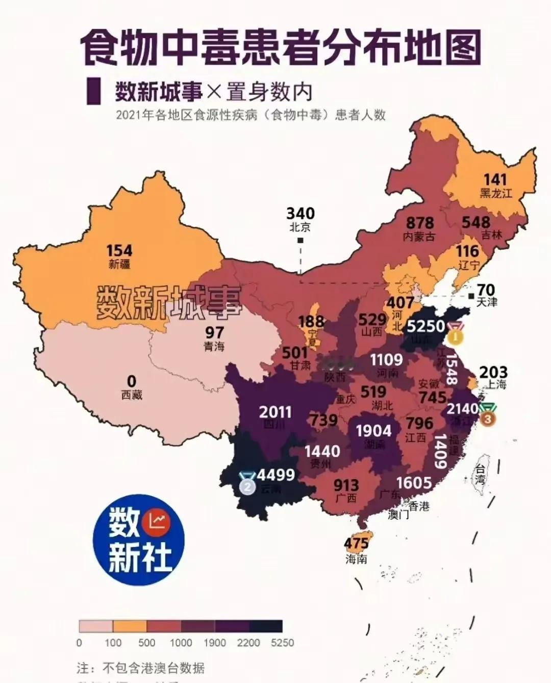全国各省食物中毒患者分布图：
1、山东：5250人
2、云南：4499人
3、浙