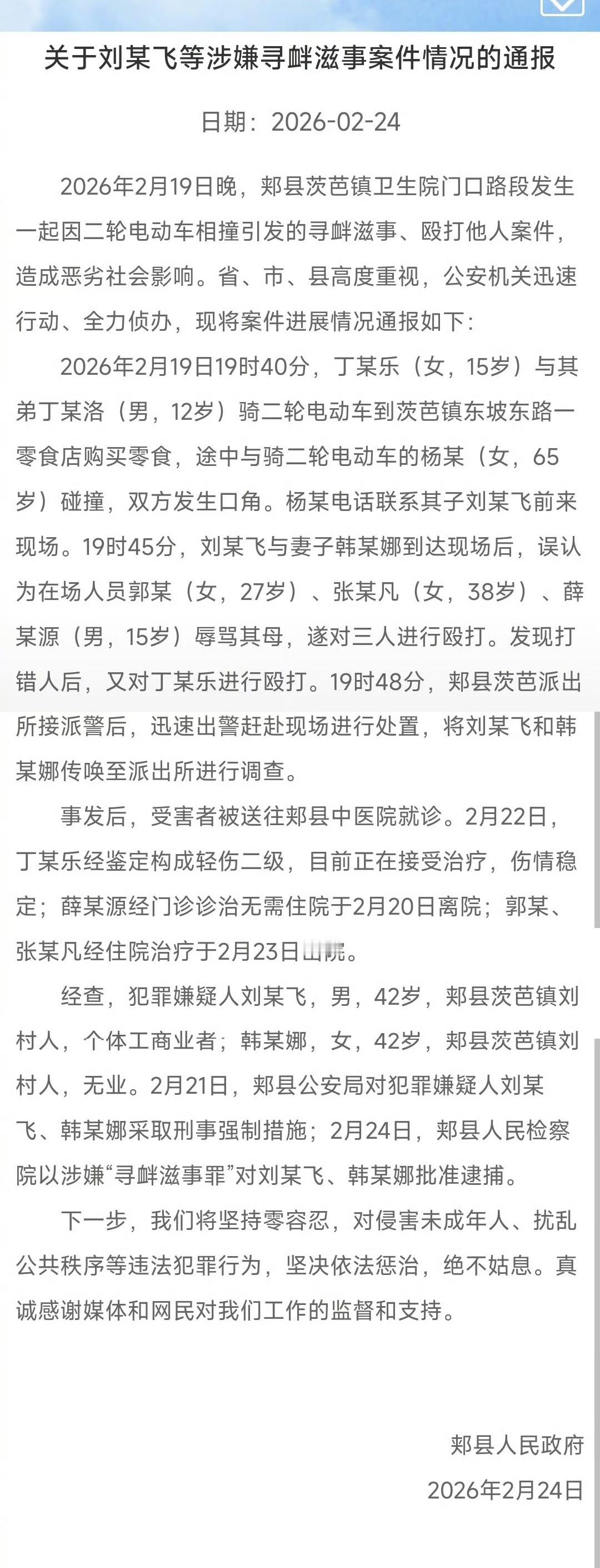 平顶山再通报打人事件 涉事夫妻因涉嫌寻衅滋事罪被批捕！👏 