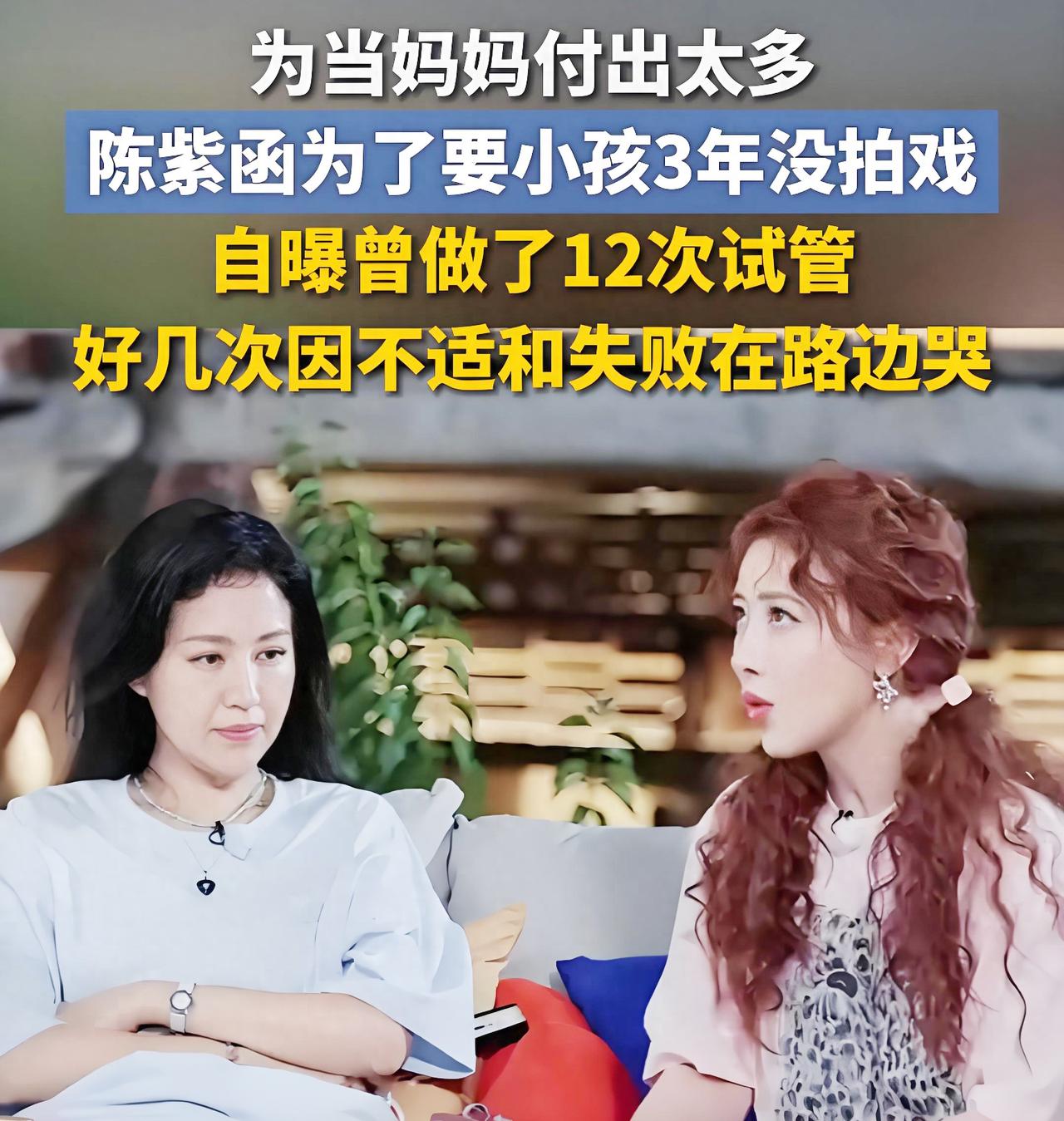 陈紫函称自己曾经为了顺利怀孕三年没有拍戏：起码做了12次试管，天天扎（针）。天天