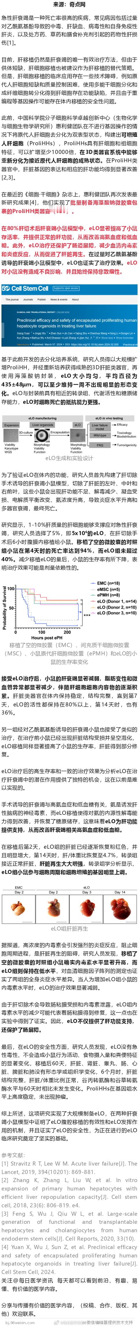 《细胞》子刊：中国学者突破肝再生难题！中科院团队开发出新型人肝细胞类器官，可促进