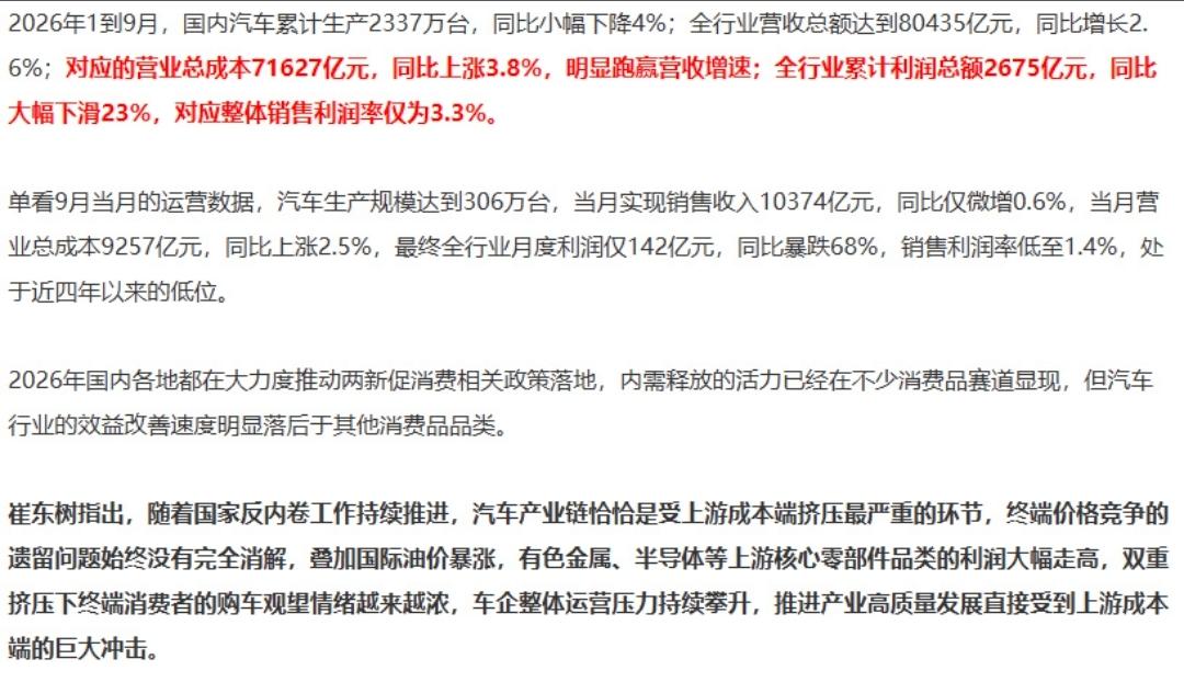 几个大车企都卖爆了，结果全行业不升反降？这就是残酷的现实:
1-9月，全行业累计