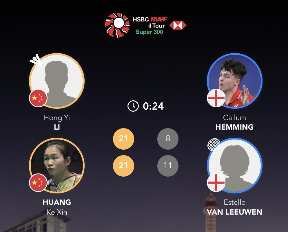 李泓毅/黄可欣🇨🇳 21-8、21-11 🏴󠁧󠁢󠁥󠁮󠁧󠁿亨明/