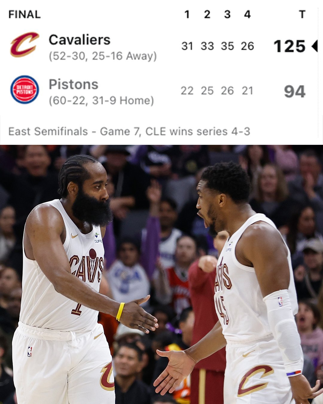 骑士125-94大胜活塞！赢下抢七晋级东部决赛！骑士vs活塞