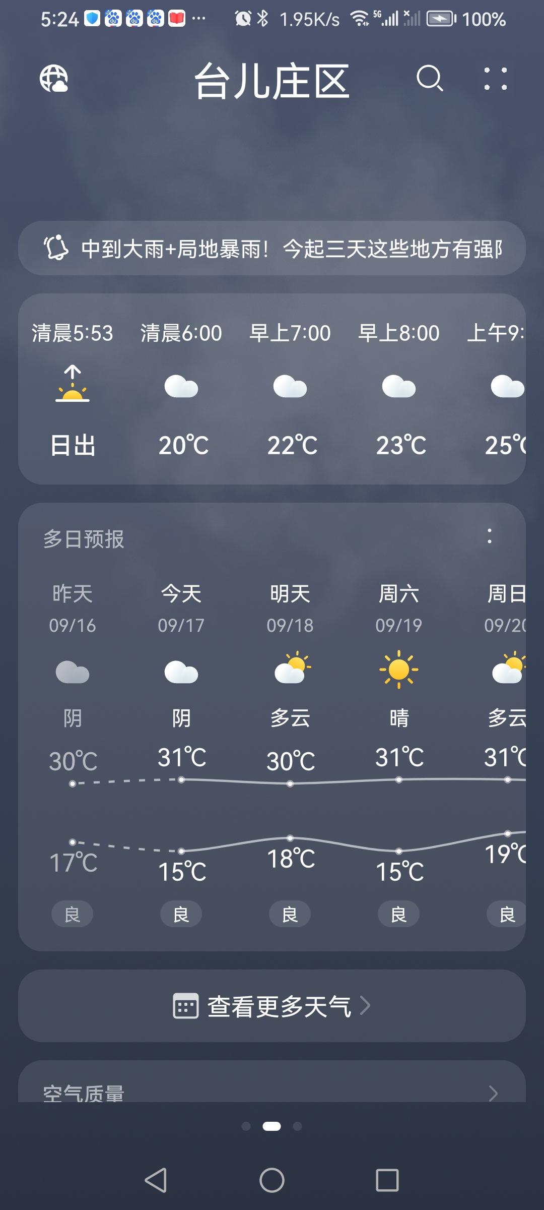 “9.17”周四，天气预报“阴天”，气温15—31度