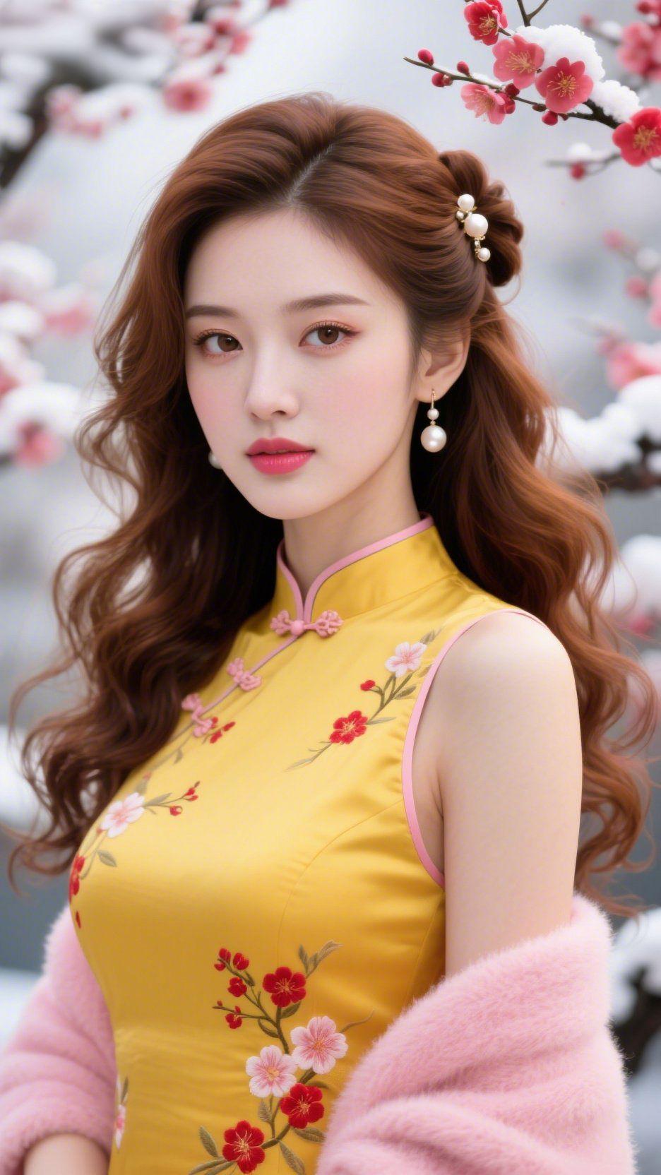 梅雪伴春衫
 
雪落枝桠时，她身上的明黄旗袍像揉碎的暖阳——缎面泛着柔润的光，绣