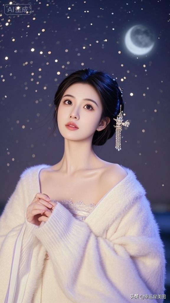 这姑娘穿着白毛衣，看星星入神。