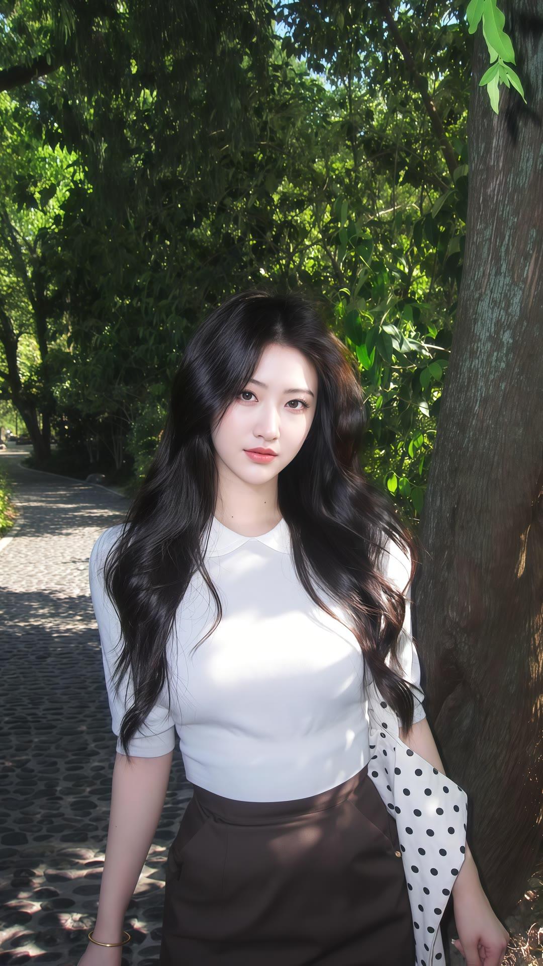 公园中的优雅少女，白衣黑裙，自然清新。