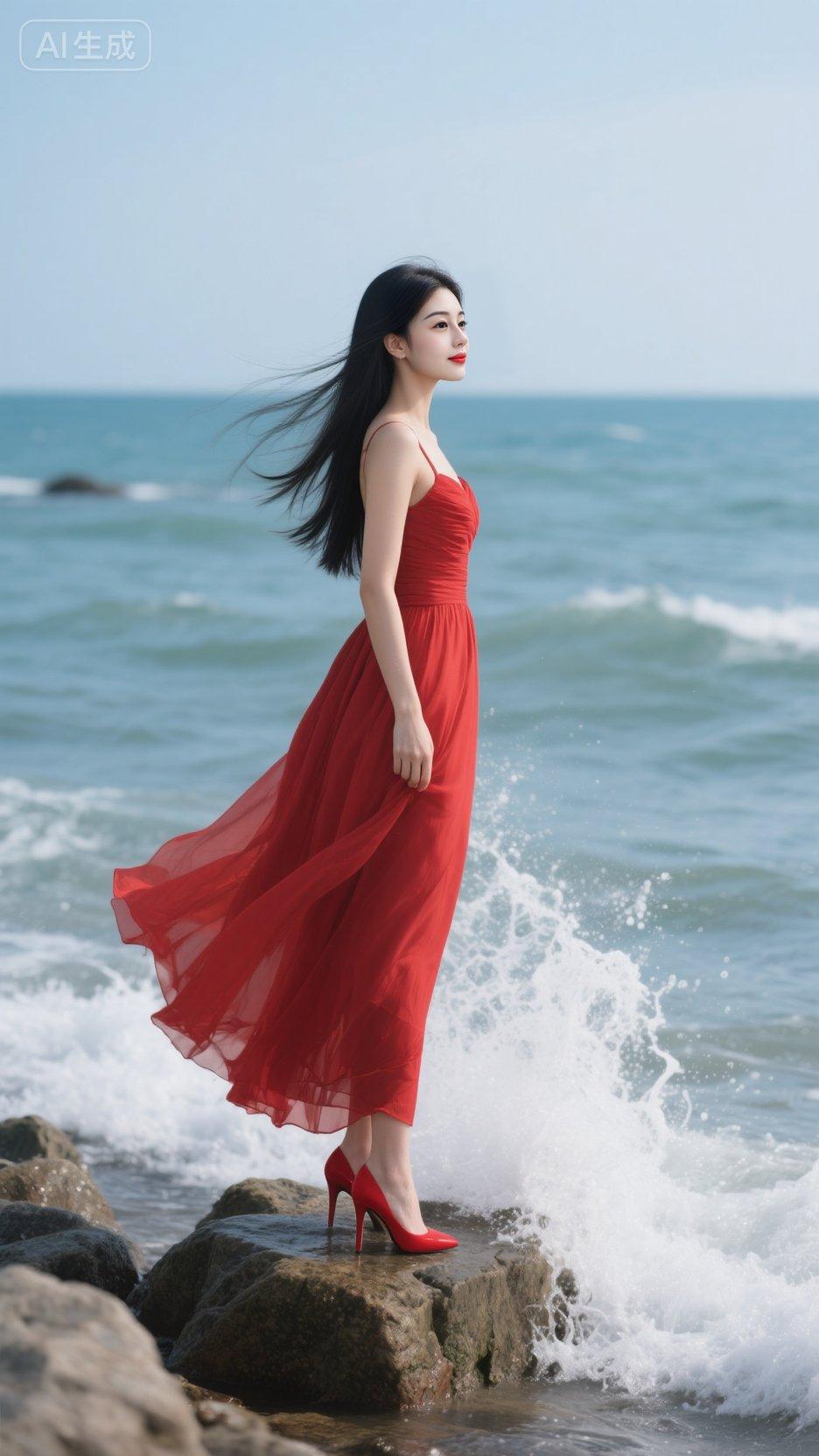 海边拍照 红色连衣裙 红色礼服 红裙子