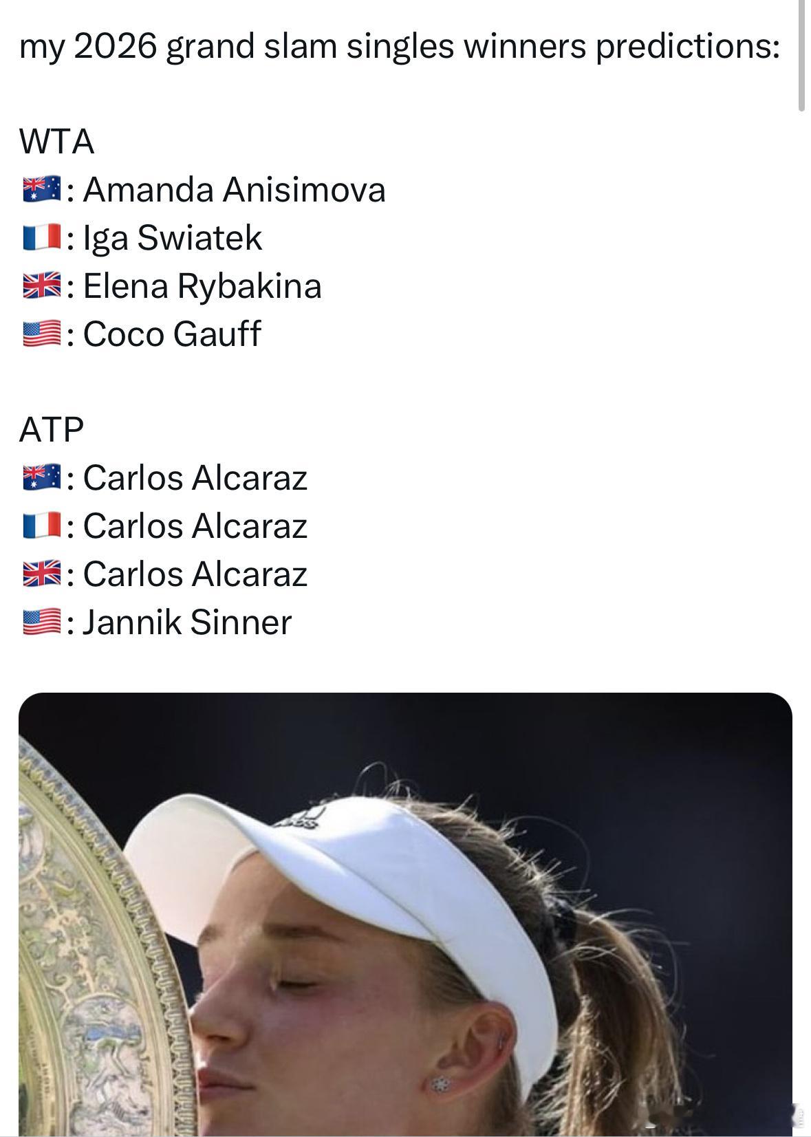 这个2026四大满贯冠军预测靠谱不？澳网：阿尼西莫娃、阿尔卡拉斯法网：斯瓦泰克、