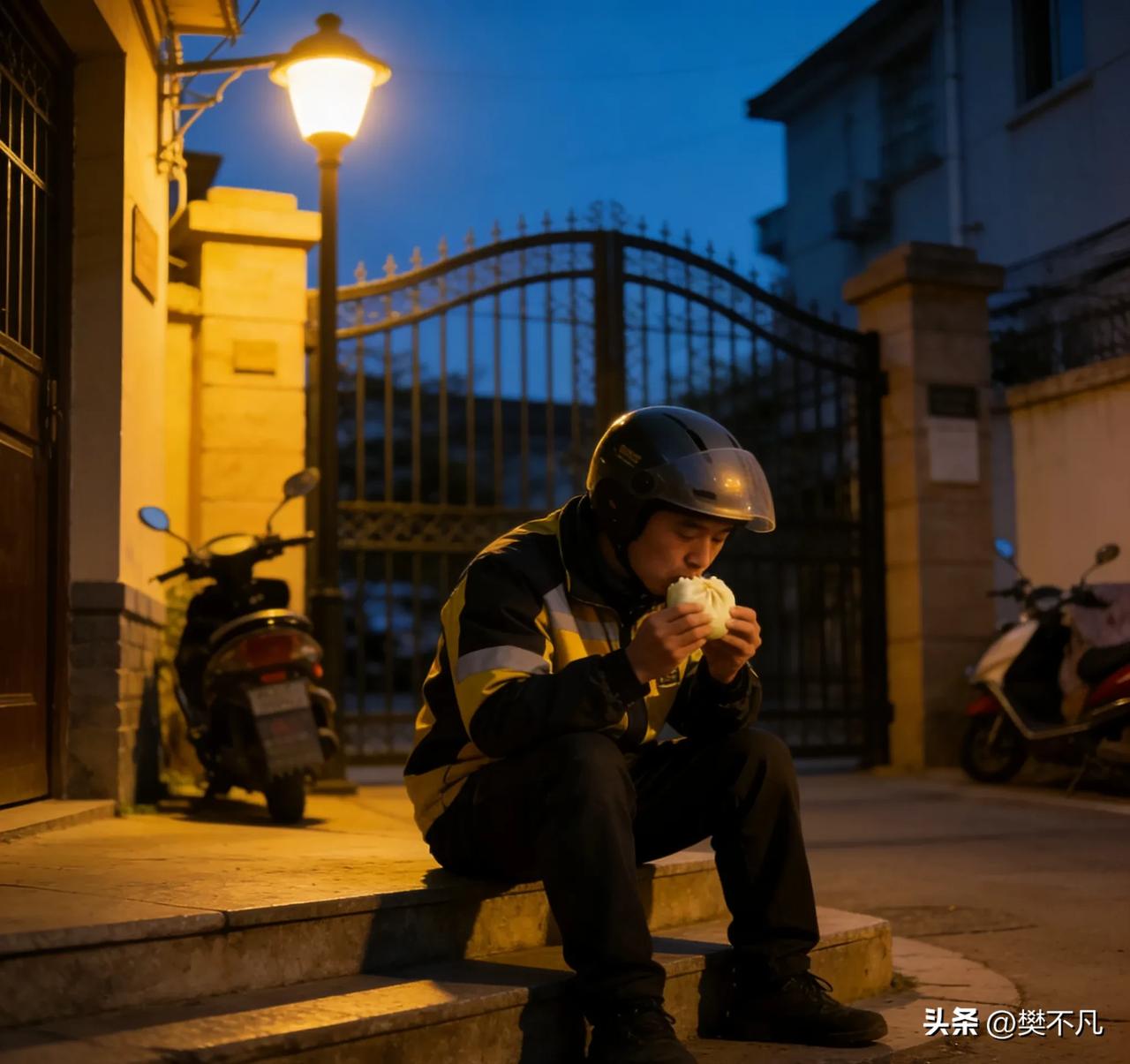 昨晚下班，看见一个外卖小哥在小区门口啃馒头

昨晚加班到九点，在小区门口看见一个