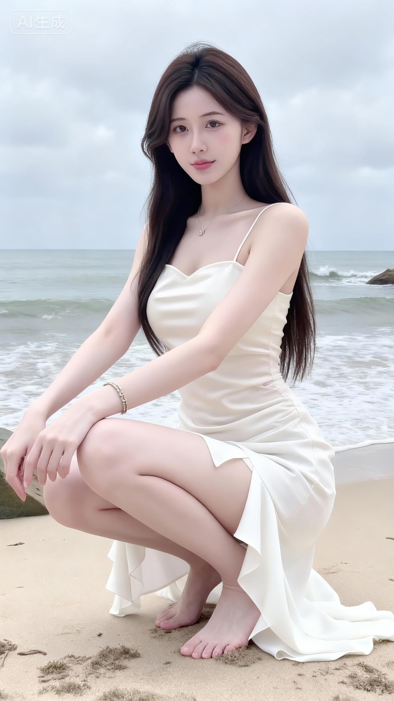 海滩甜妹，奶白缎面吊带裙，温柔纯欲氛围感拉满温柔风吊带长裙 甜酷吊带裙 纯欲白吊