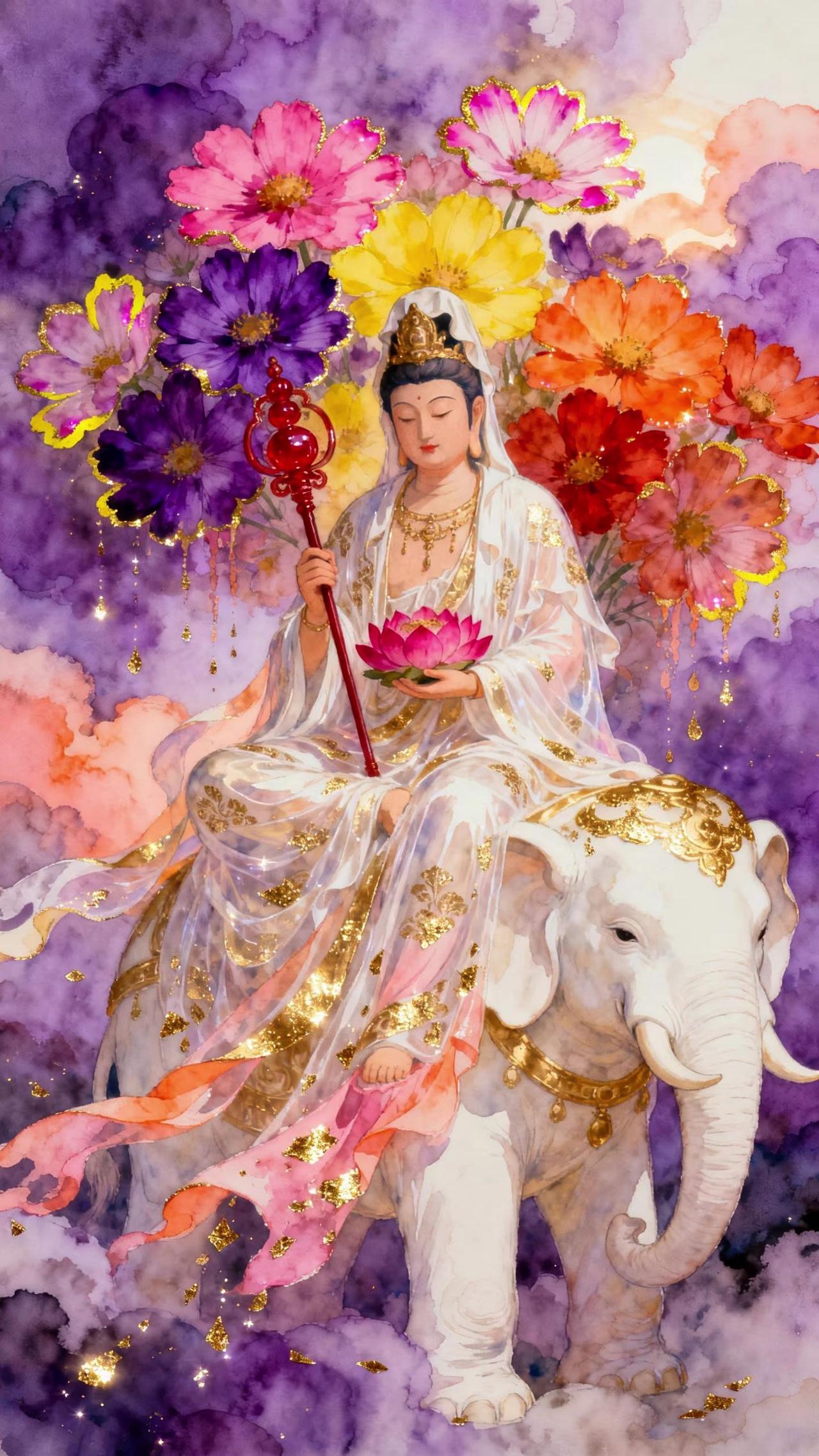 早安🌞 正在赶早高峰的你，正在工位上强撑的你
 
普贤菩萨端坐白象，格桑花雨裹