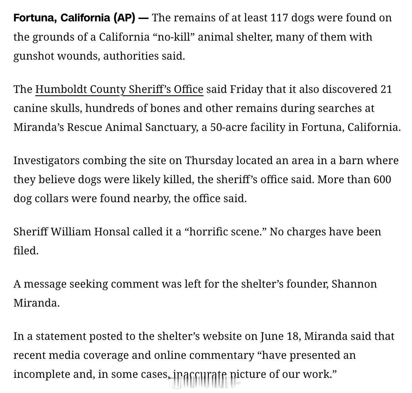 在美国加利福尼亚州洪堡县（Humboldt County）的一家名为“米兰达救援