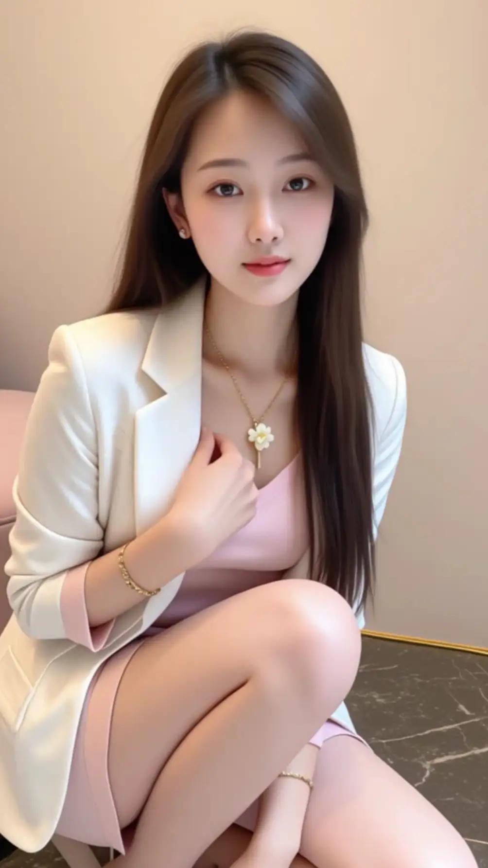 优雅职场风穿搭，粉色连衣裙搭配白色西装外套，简约大方！