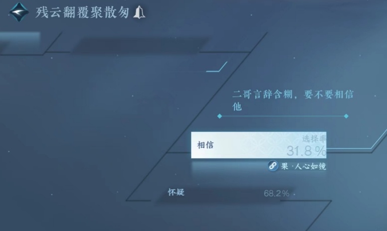 现在是68％不相信顾惜朝，刚开始那阵应该是72%，大家是都梦回改了选择吗？其实我