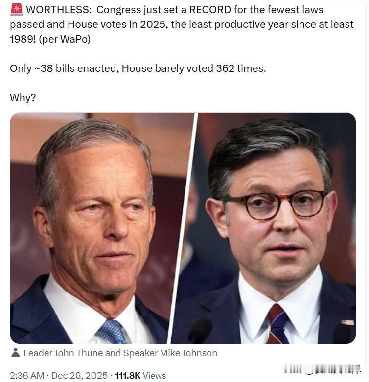 毫无作为：国会刚刚创下了自1989年以来最“一事无成”的一年纪录！

2025年