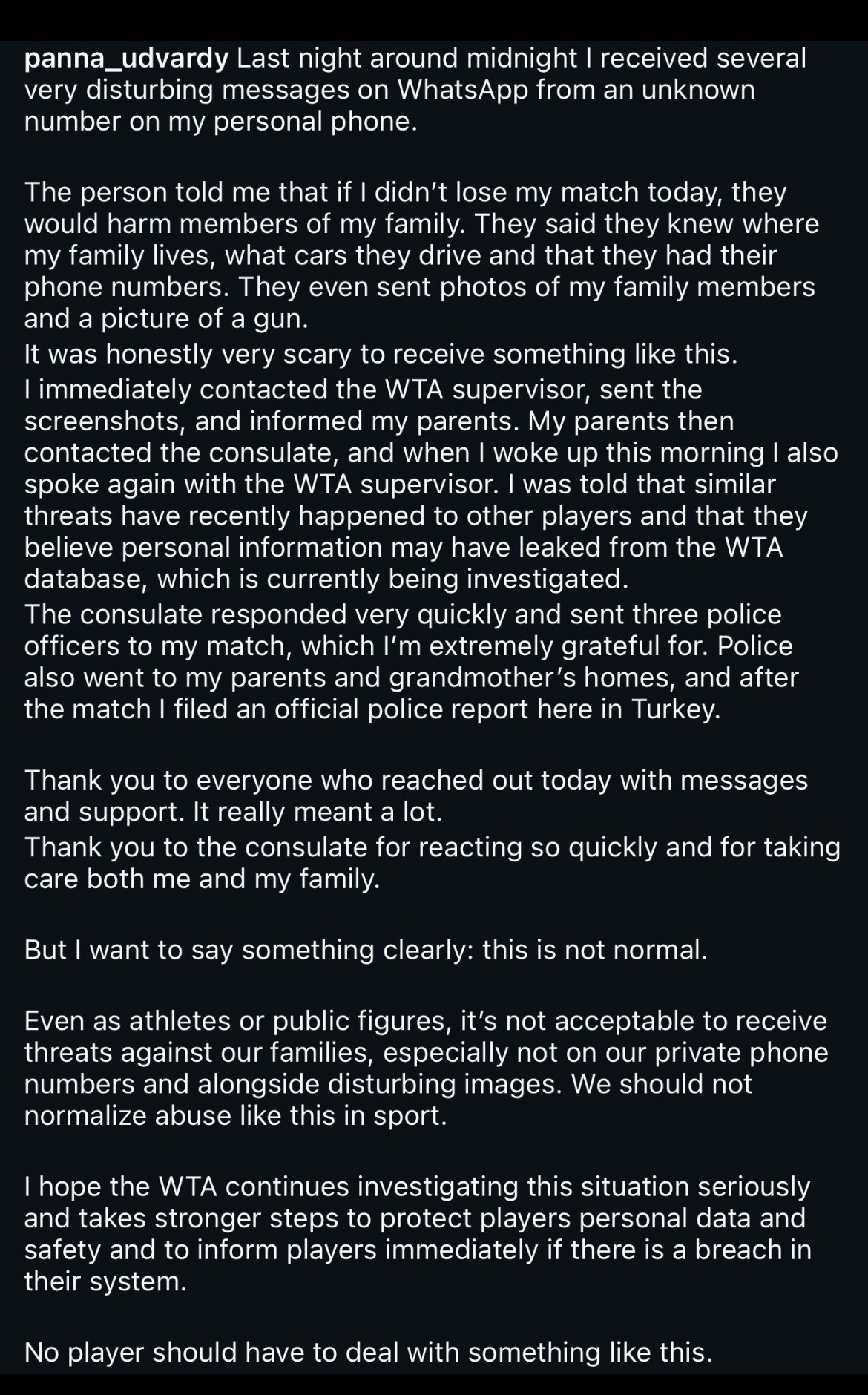 网球talking大会 世界排名第95的潘娜·乌德瓦迪在Instagram上分享