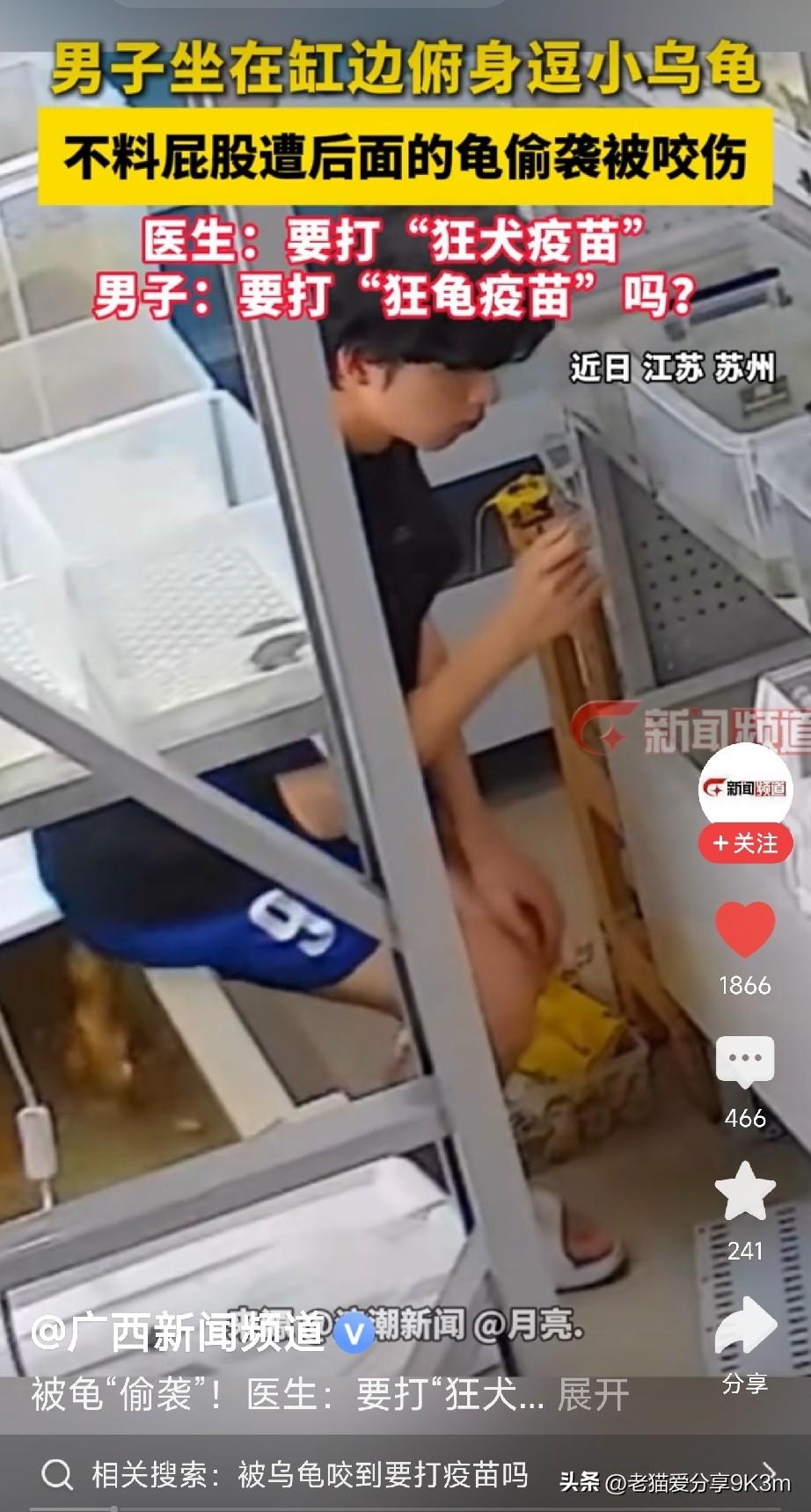 苏州男子被乌龟咬屁股

江苏苏州的陆同学，蹲在龟缸边逗小乌龟玩。正看得入神呢，后