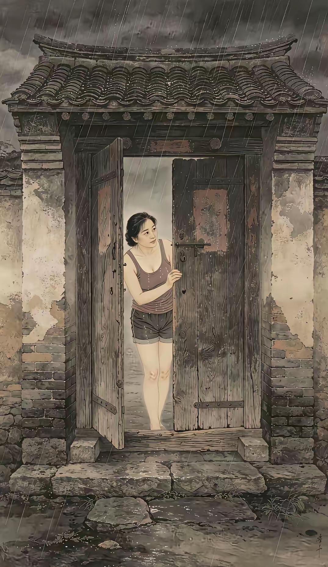 你见过农村大门向外开的吗？这幅画画的古建筑非常规整，古色古香，一个时尚女子开门张