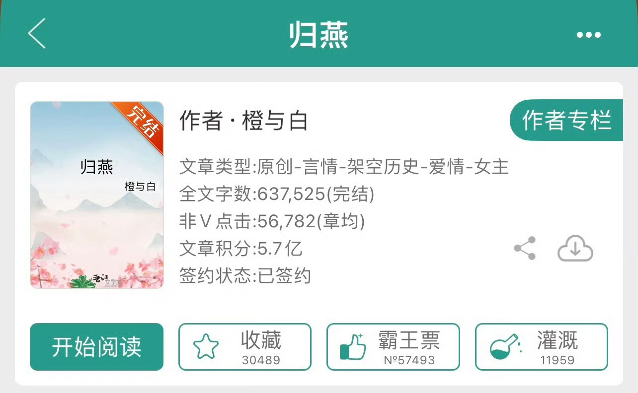 小说推荐：《归燕》 作者:橙与白/研研夏日简评：温婉娴静嫡女vs隐忍深情侯爷，女