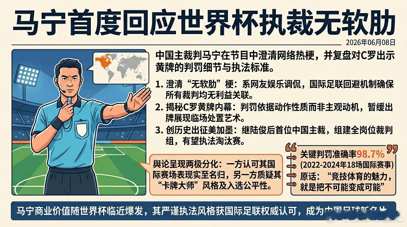 国际级裁判马宁在与管泽元的对谈中，正式回应了“世界杯执裁没软肋”的网络热梗。他澄
