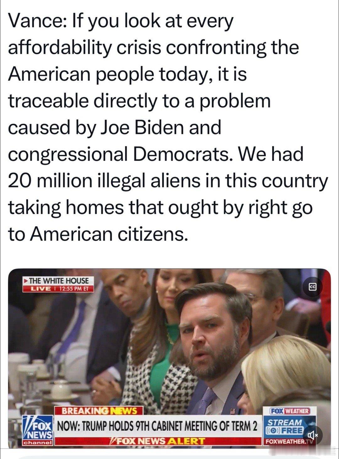 副总统在内阁会议：所有物价危机，都是Biden和民主党直接造成的Vance举例：