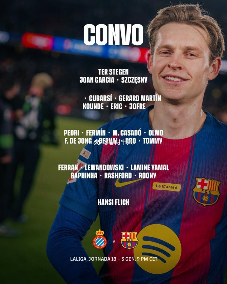 巴萨对阵西班牙人名单：佩德里、奥尔莫、亚马尔在列，阿劳霍缺席 1月3日讯 北京时