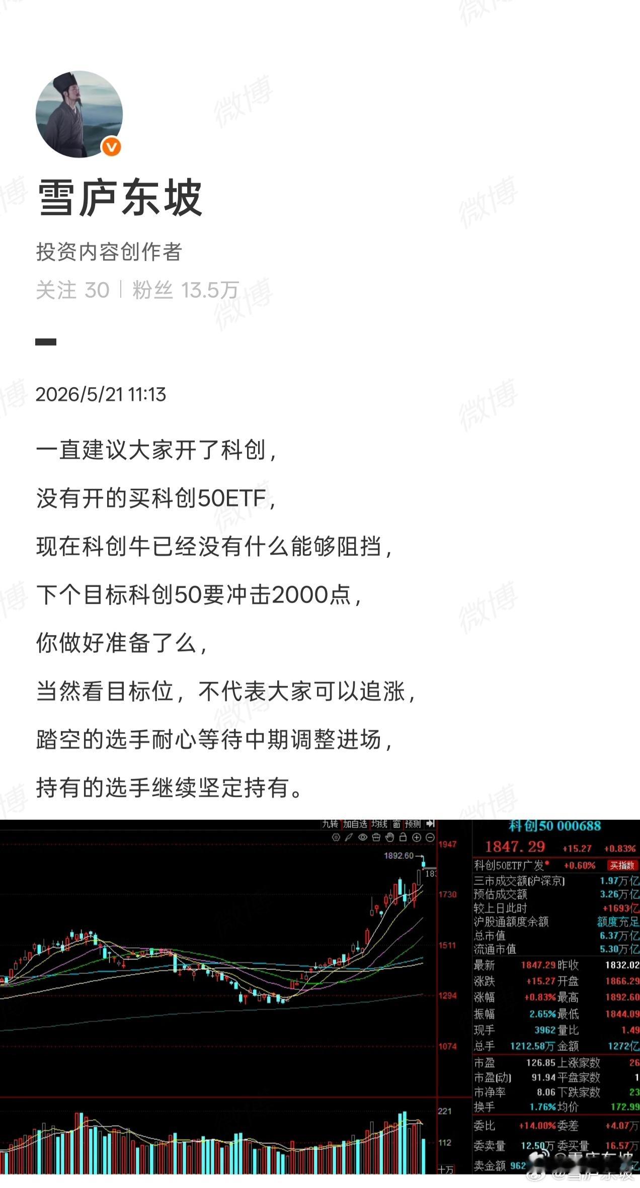 上个月东哥就剑指2000，半导体接着奏乐接着舞，科创50午后再创历史新高，高点距