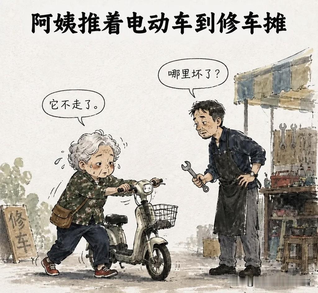 趣味漫画：阿姨推着电动车到修车摊。师傅问：「哪里坏了？」阿姨说：「它不走了。」师