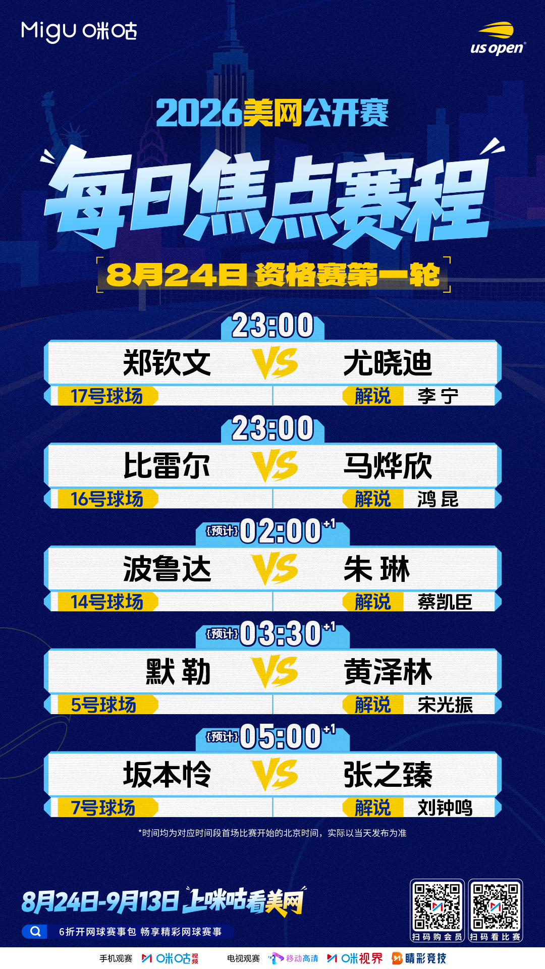🎾 2026美国网球公开赛📅 资格赛第1️⃣日焦点赛程💪 郑钦文23点对阵
