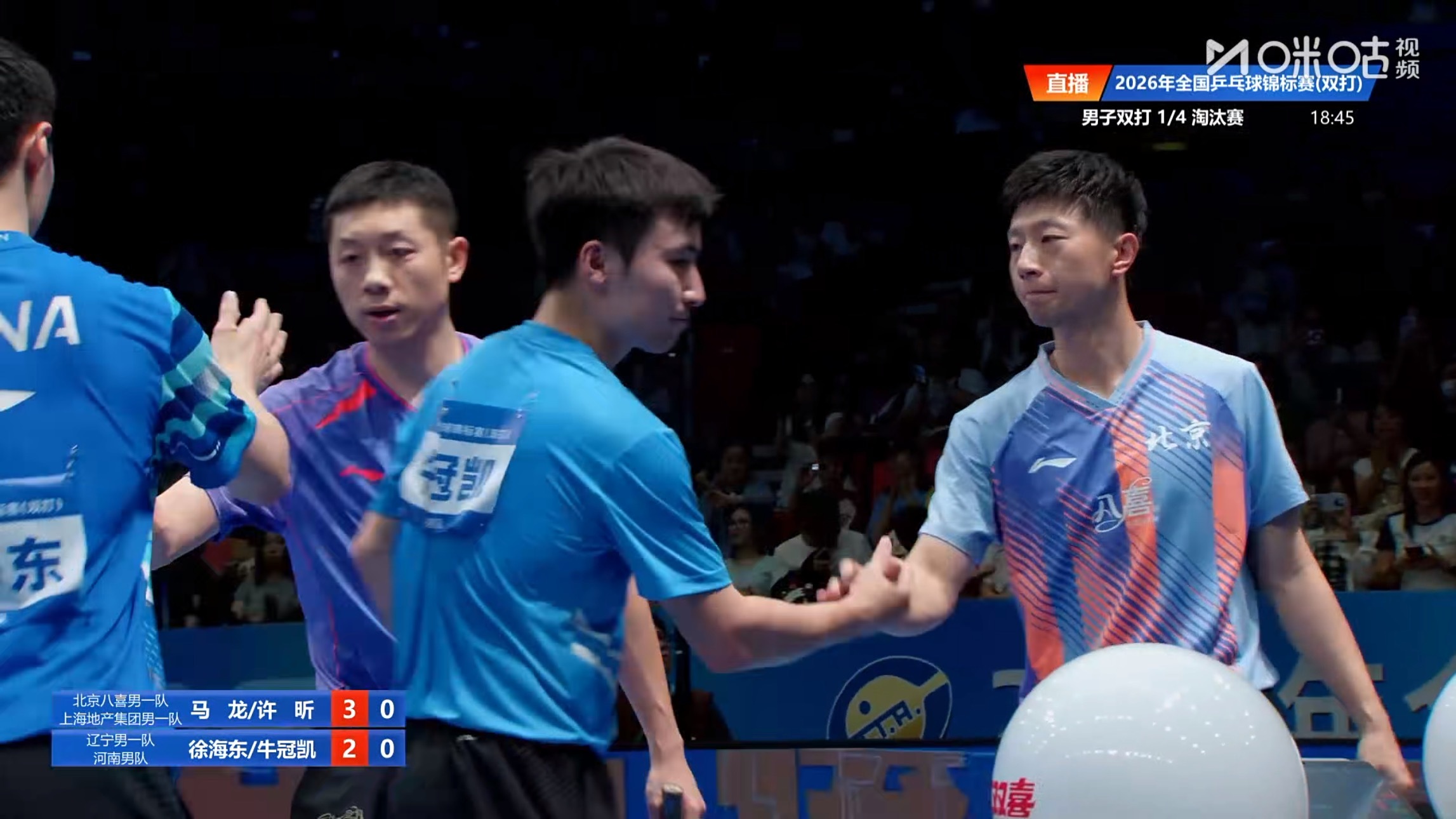 马龙/许昕3比2徐海东/牛冠凯晋级2026全国乒乓球锦标赛 男双四强 