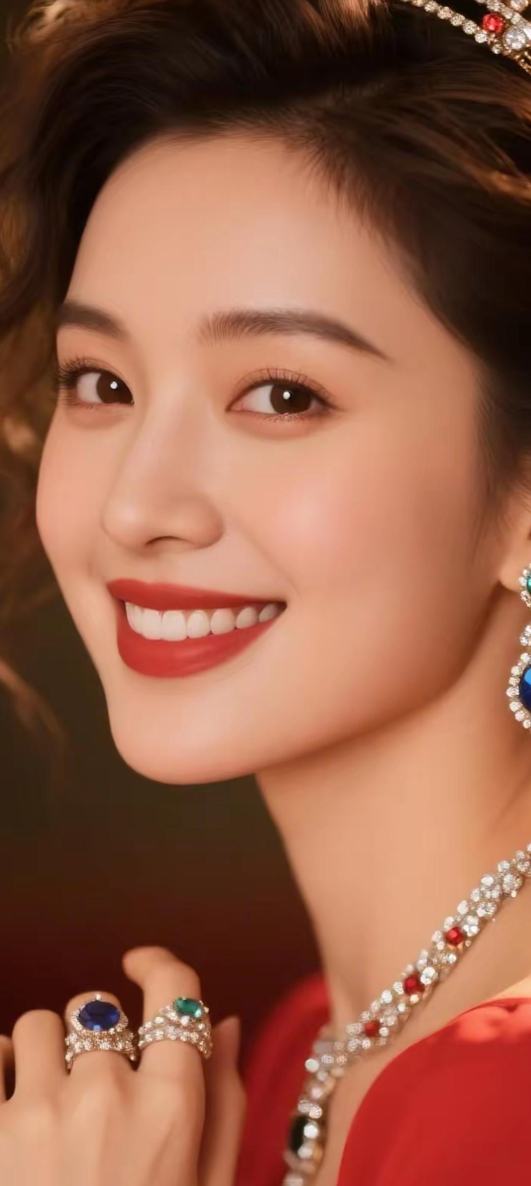 闪耀的珠宝，迷人的微笑，优雅的红裙，尽显高贵与魅力！