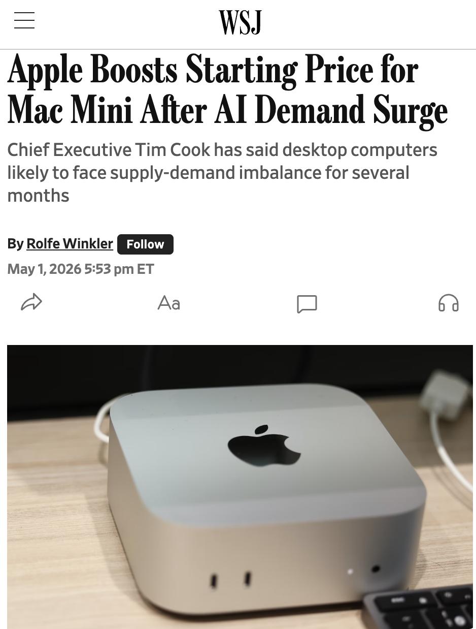 外媒：苹果将Mac Mini起售价从599美元上调至799美元，存储容量从256
