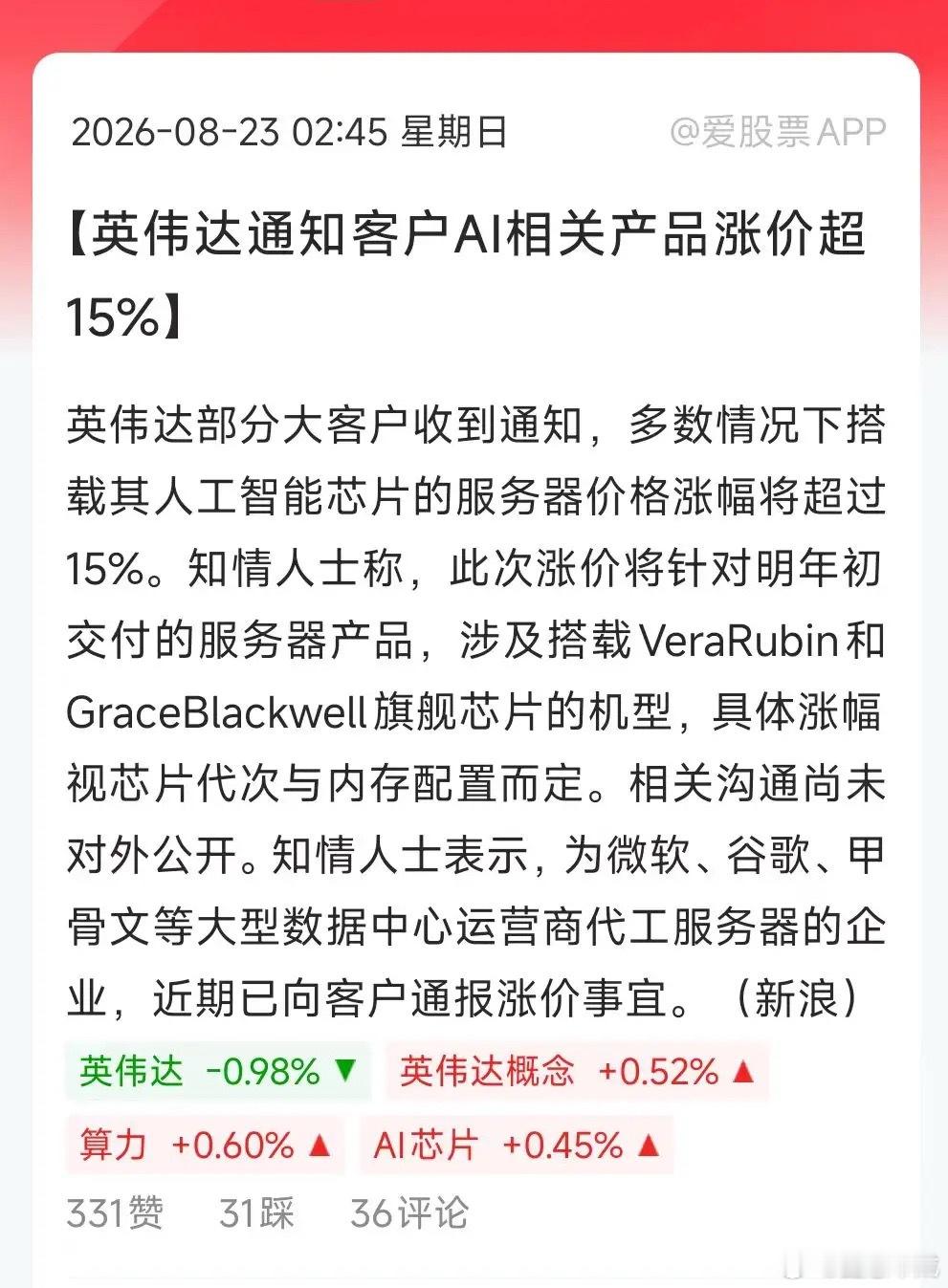 英伟达官宣涨价了，AI服务器涨幅超过15%，远超市场此前预期的5%-10%！连毛