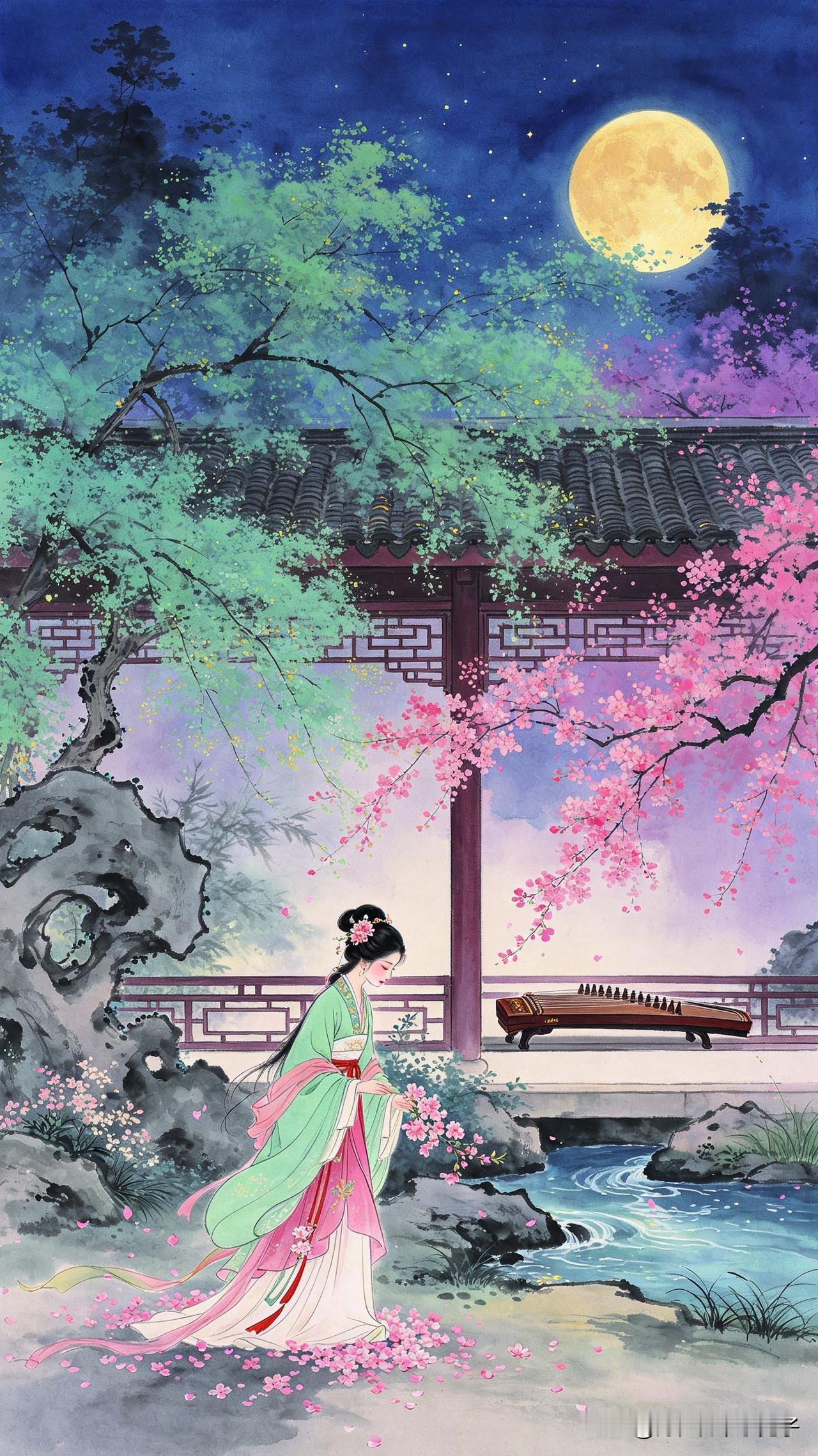 罗衣犹带落花香，
闲步庭前拾晚芳。
谁抚瑶琴流水畔，
      
…………请师